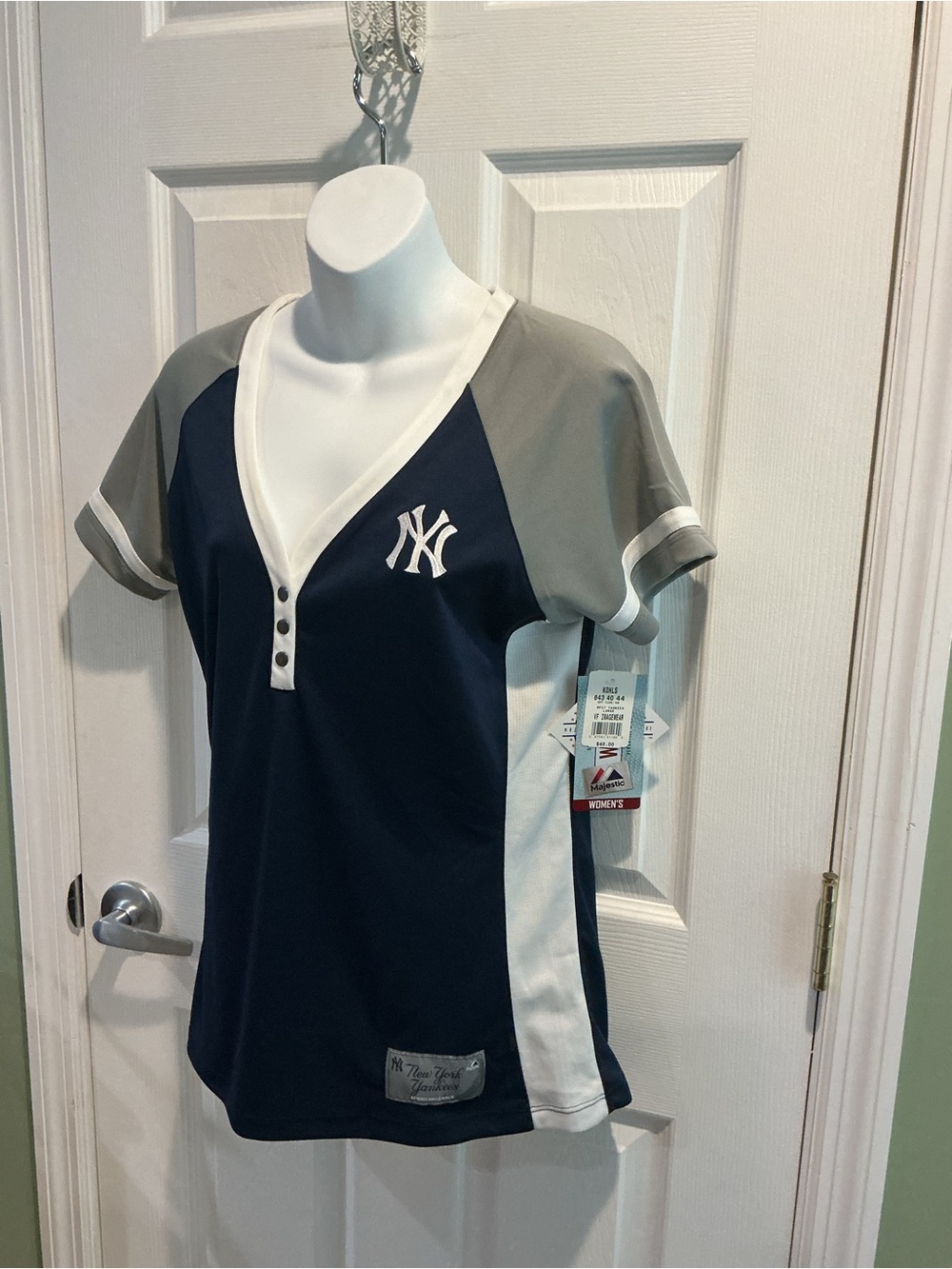 Majestic Women's Navy, Gray & White V-Neck Baseball Jersey